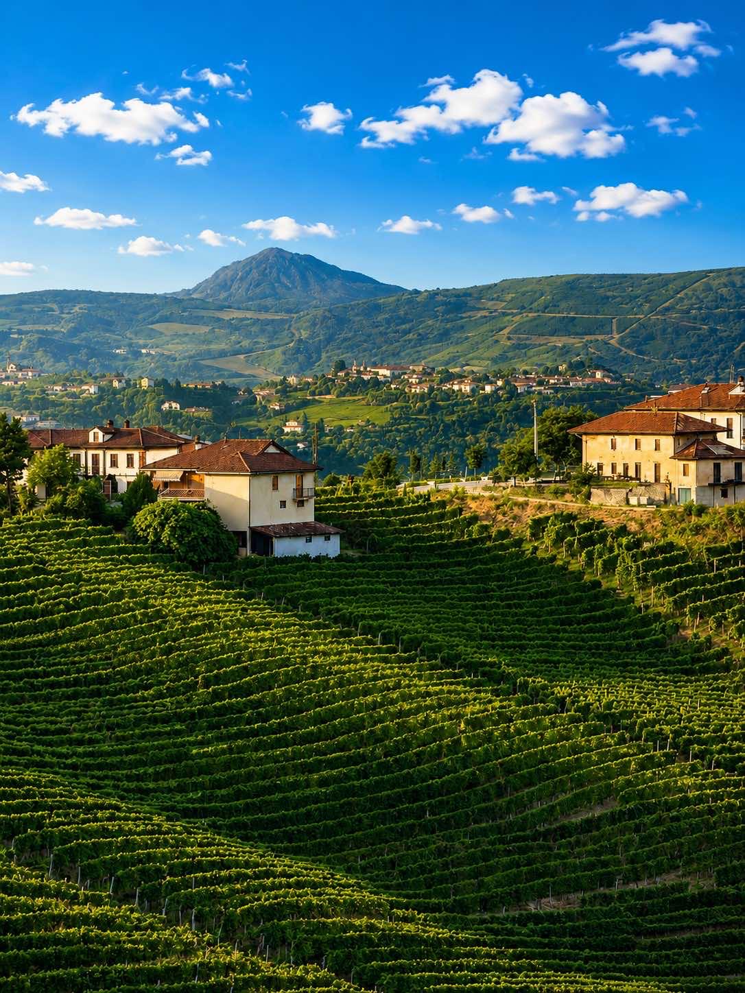 Panoramic vineyard landscape with the house and distant mountain