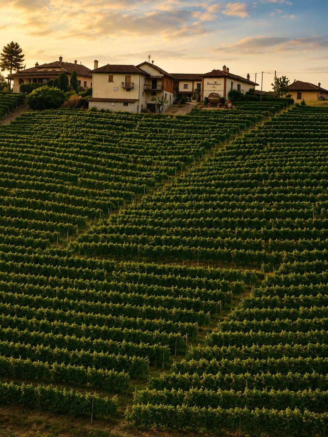 Sunset over the Barbaresco winery and surrounding vineyards