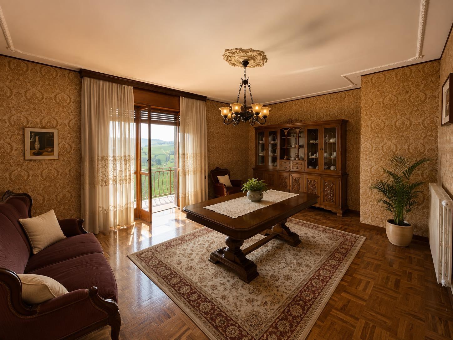Elegant dining room with balcony overlooking the green hills