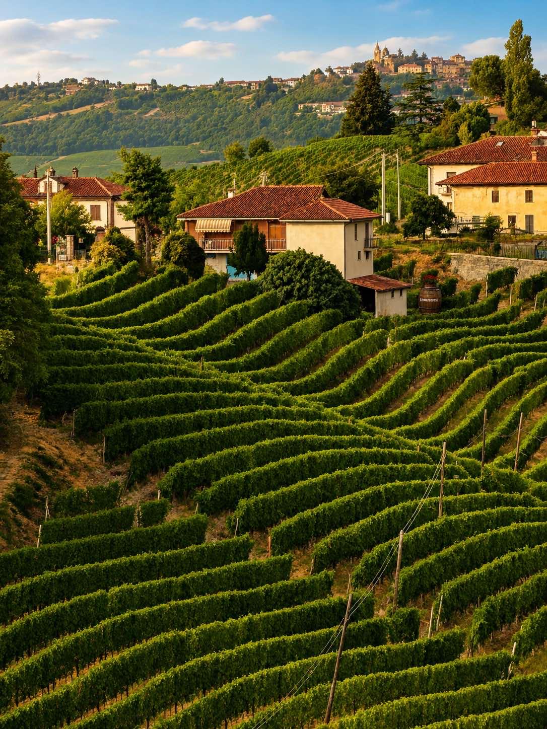 Vineyard rows and the Barbaresco village rising on the hill