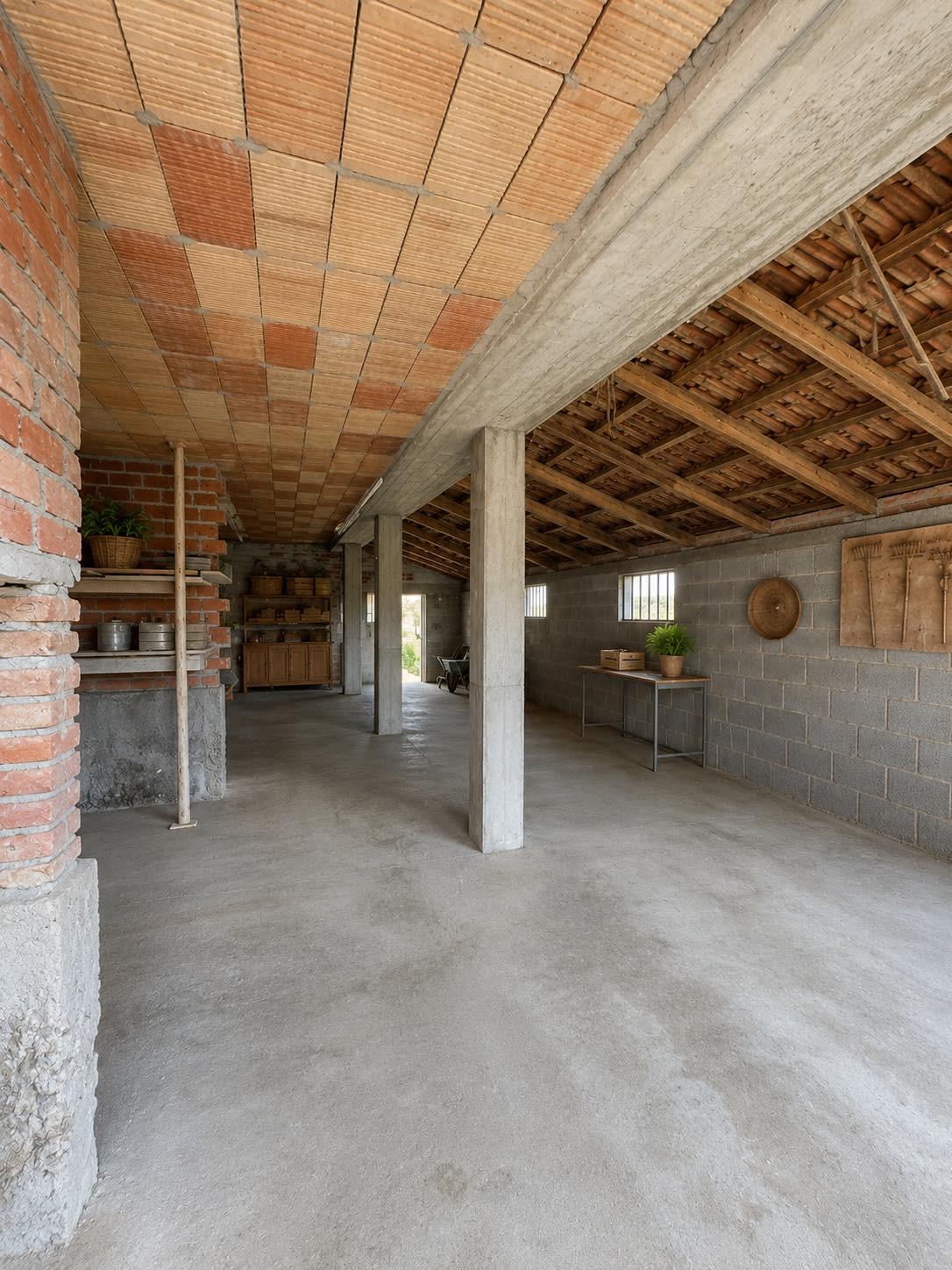 Covered portico with exposed brick and wooden beams