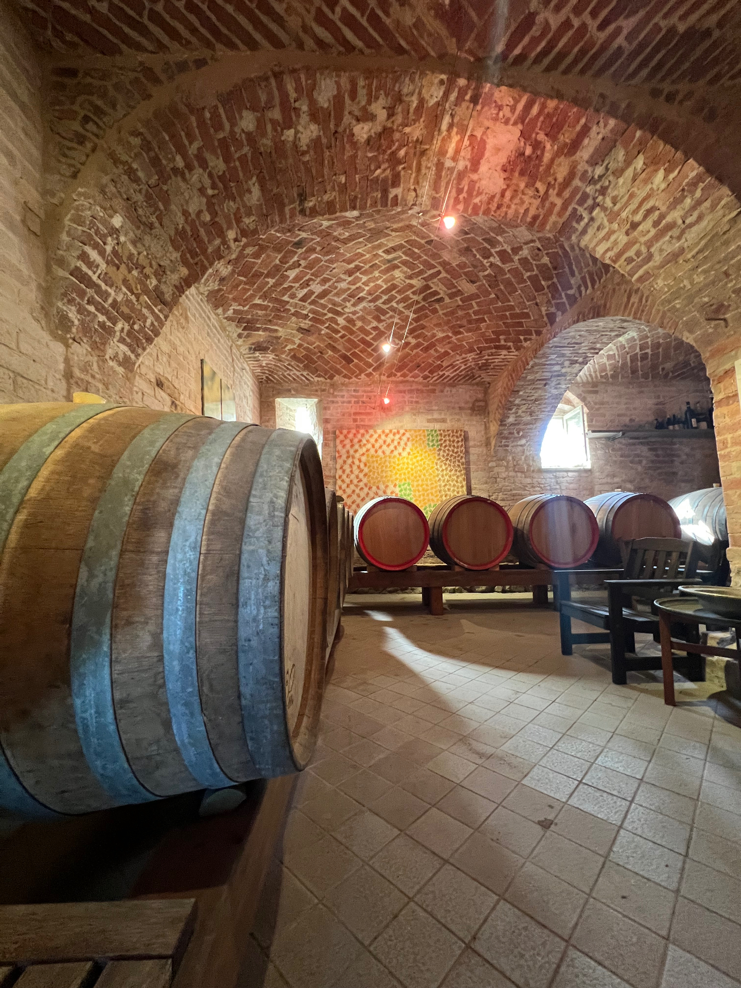 Vaulted wine cellar with wooden barrels inside the Cocconato property