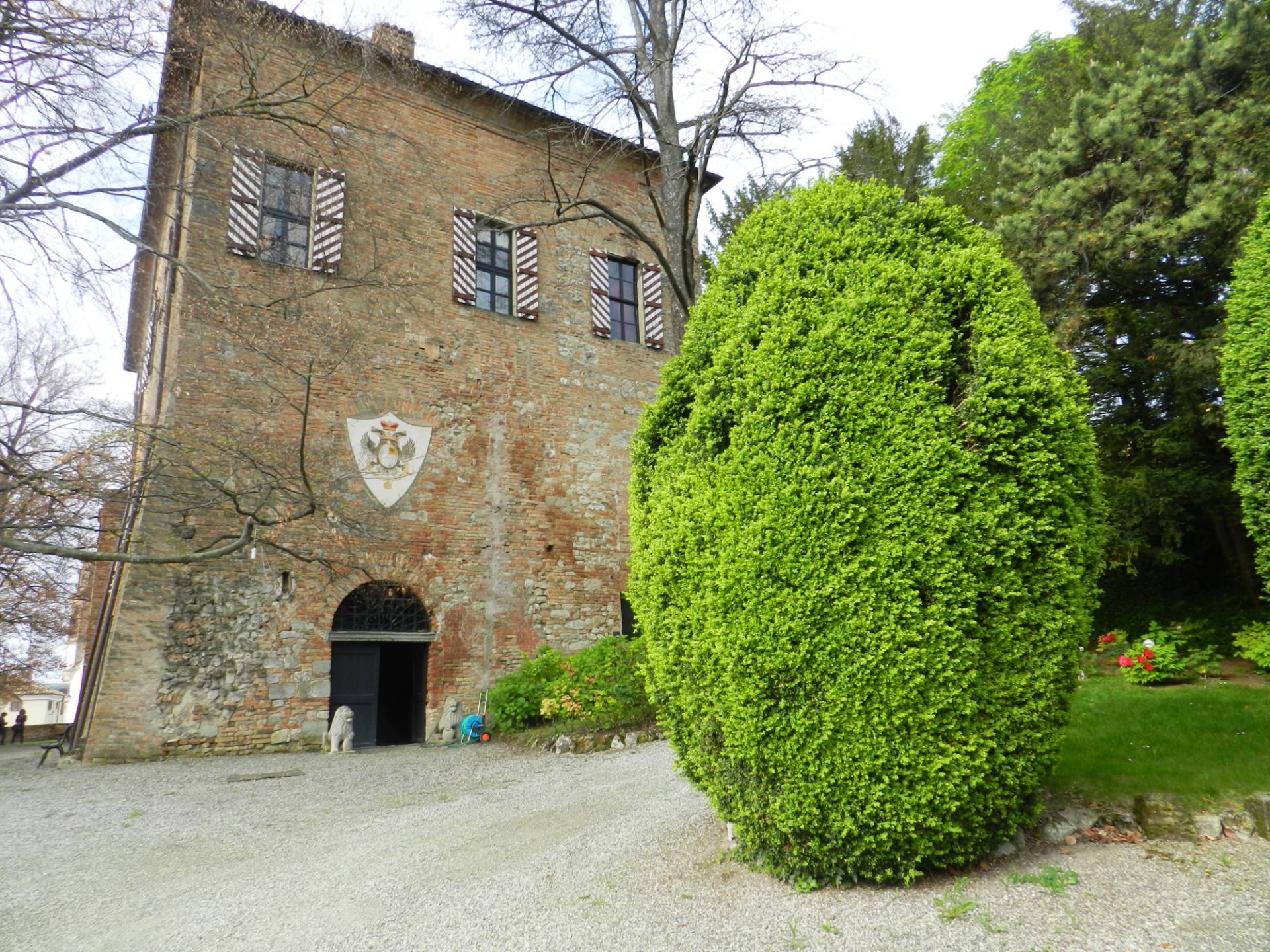 Facciata del castello di Montiglio con torri e mura storiche