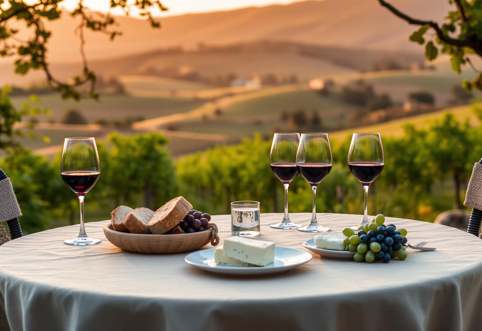Italian outdoor dining table with wine overlooking the Monferrato hills